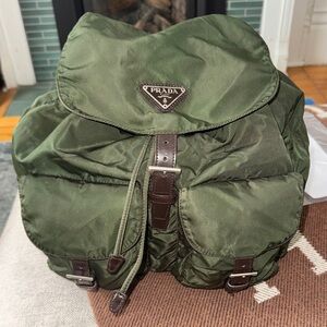 Prada Olive Green Nylon Backpack with Brown Leather Trim